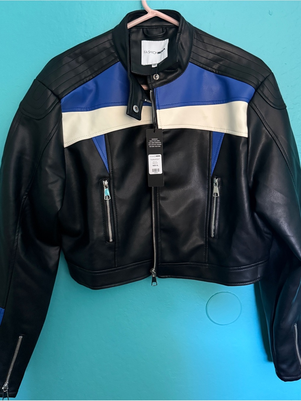 Fashion Nova “Sasha” Faux Leather Jacket with Blue and Cream Colorblocks